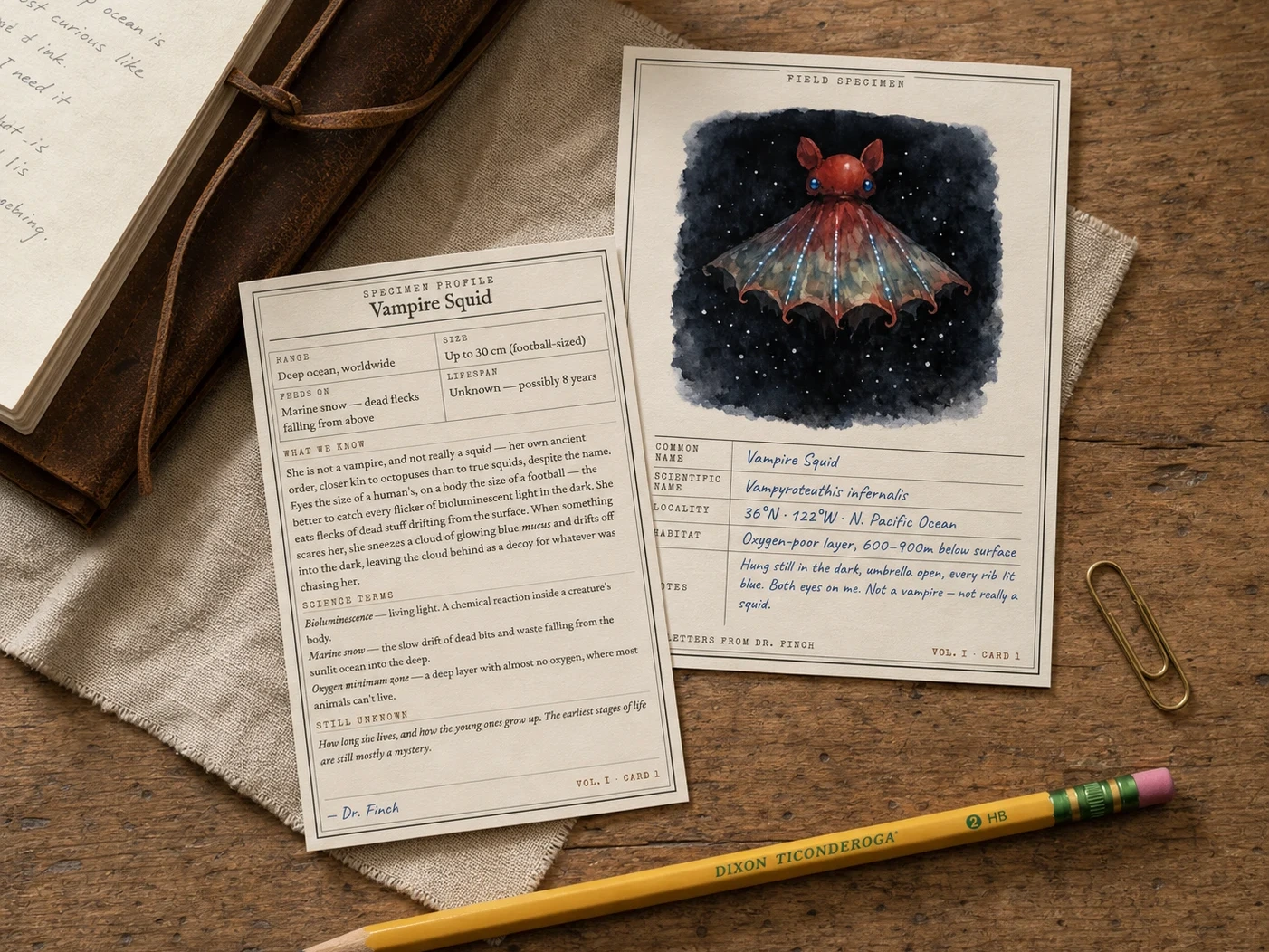 A vampire squid specimen card resting on linen, showing watercolor illustration and field-data table.
