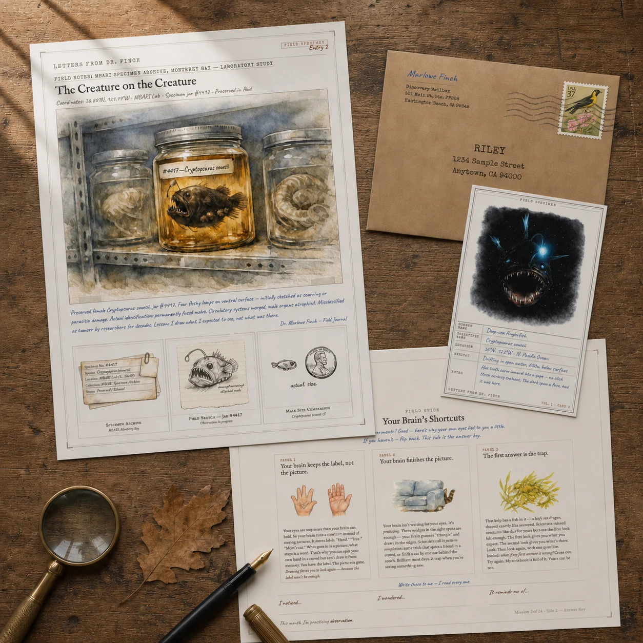 A Discovery Mailbox kit on a wooden desk: the Entry 2 letter 'The Creature on the Creature' showing a watercolor anglerfish specimen in a lab jar, a kraft envelope addressed to Riley, a deep-sea anglerfish specimen card, and a field mission sheet titled 'Your Brain's Shortcuts'. A magnifying glass, oak leaf, and fountain pen rest on the desk.
