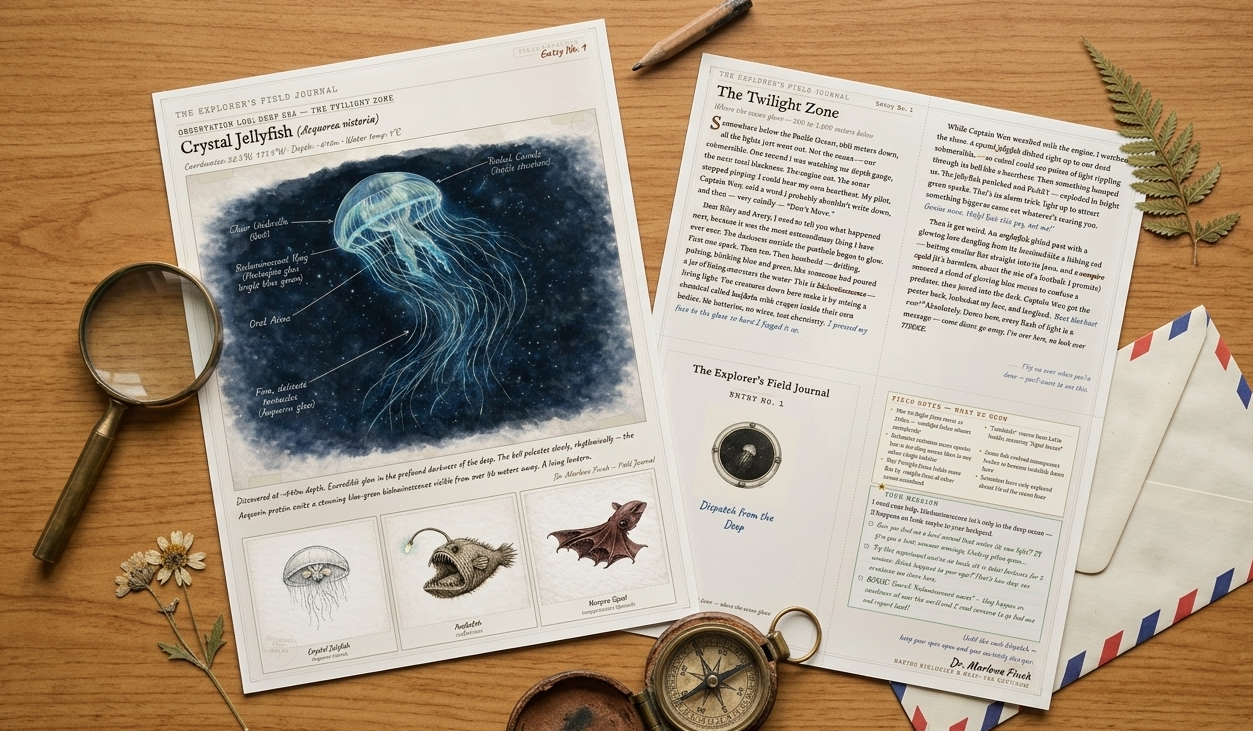 Flat-lay photograph of The Explorer's Field Journal — an illustrated letter about deep-sea bioluminescence, printed front and back on heavyweight paper, alongside an airmail envelope, magnifying glass, and compass on a warm wooden surface