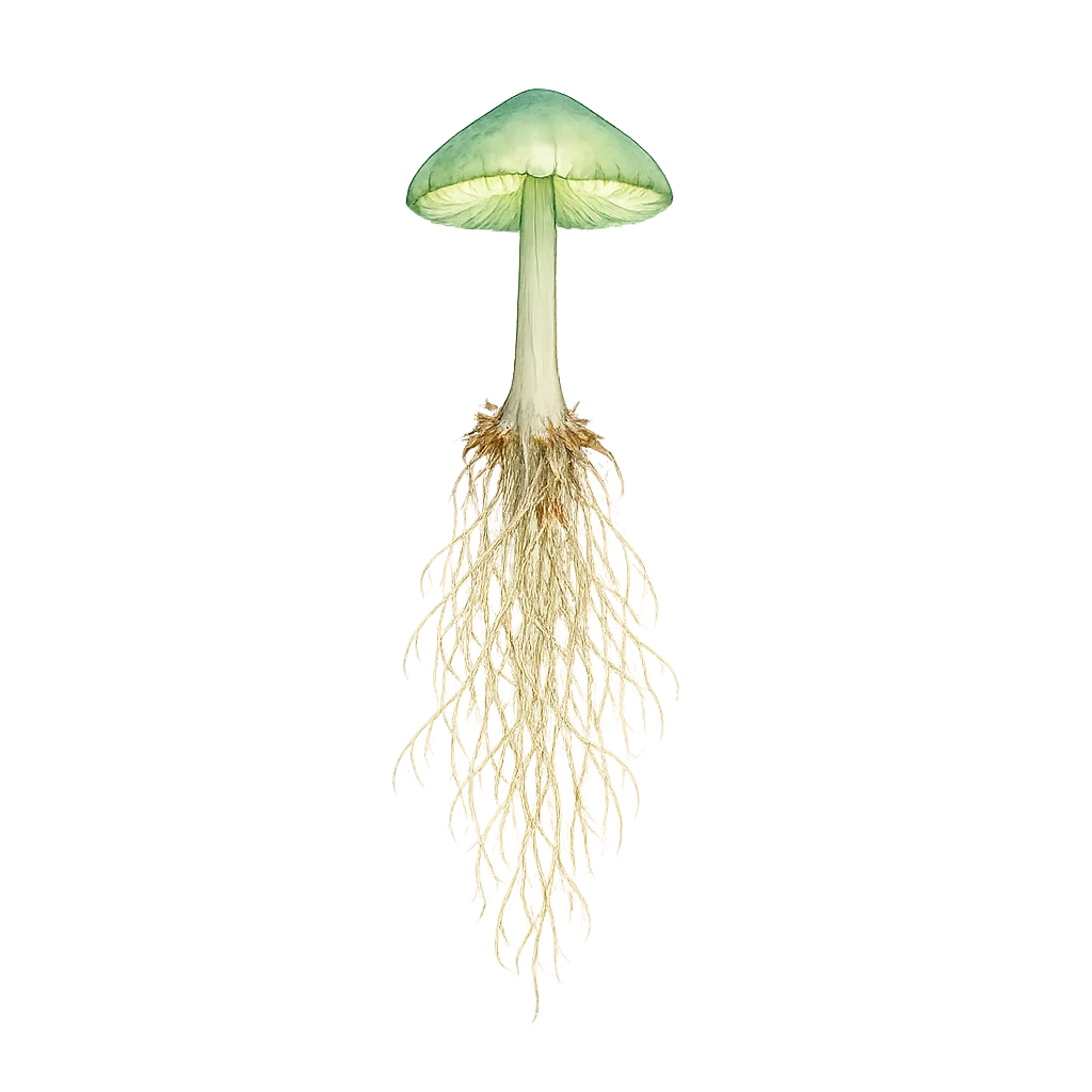 Watercolor specimen plate of a pulled-up Mycena chlorophos showing the cap, stem, and pale mycelial threads dangling from the base, with soft green internal glow on the fruiting body