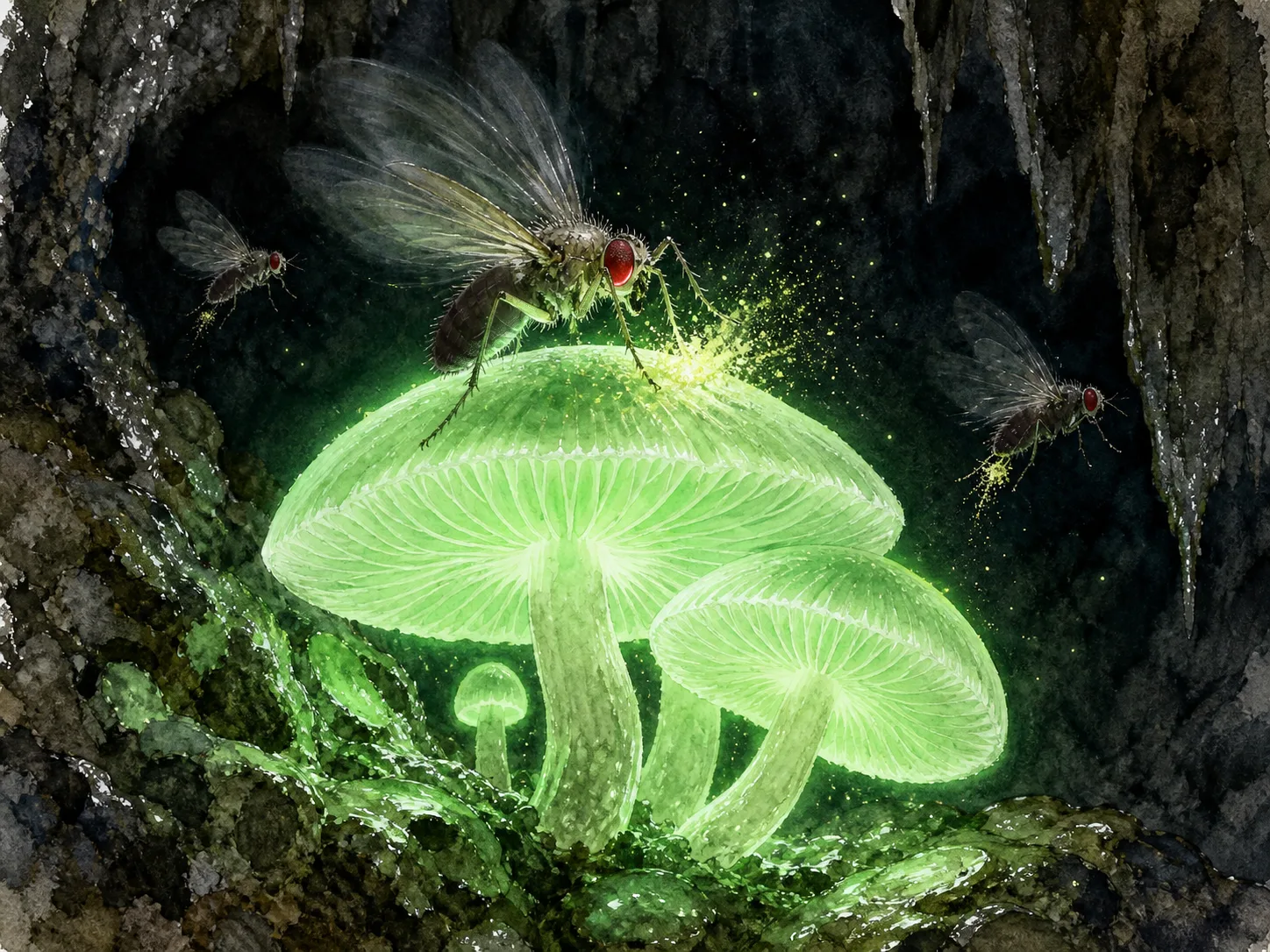 Bioluminescent mushrooms glowing ghostly green from a wet cave crack, tiny flies approaching and landing on the glowing caps, dark cave passage surrounding