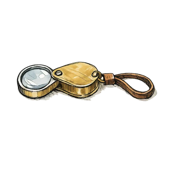 Worn brass hand lens with leather strap and glass loupe, isolated on white background