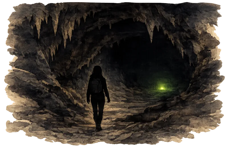 Ghostly green glowing mushrooms on wet cave rock in darkness