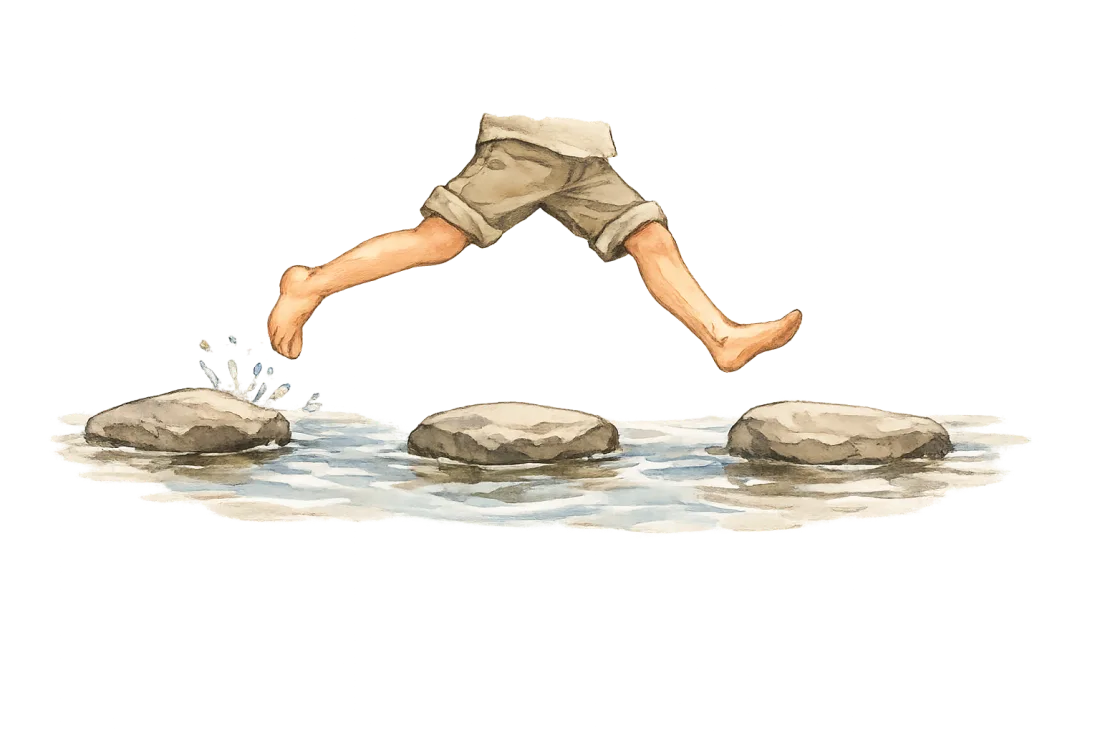 a child's legs mid-leap across stepping stones, skipping the middle one