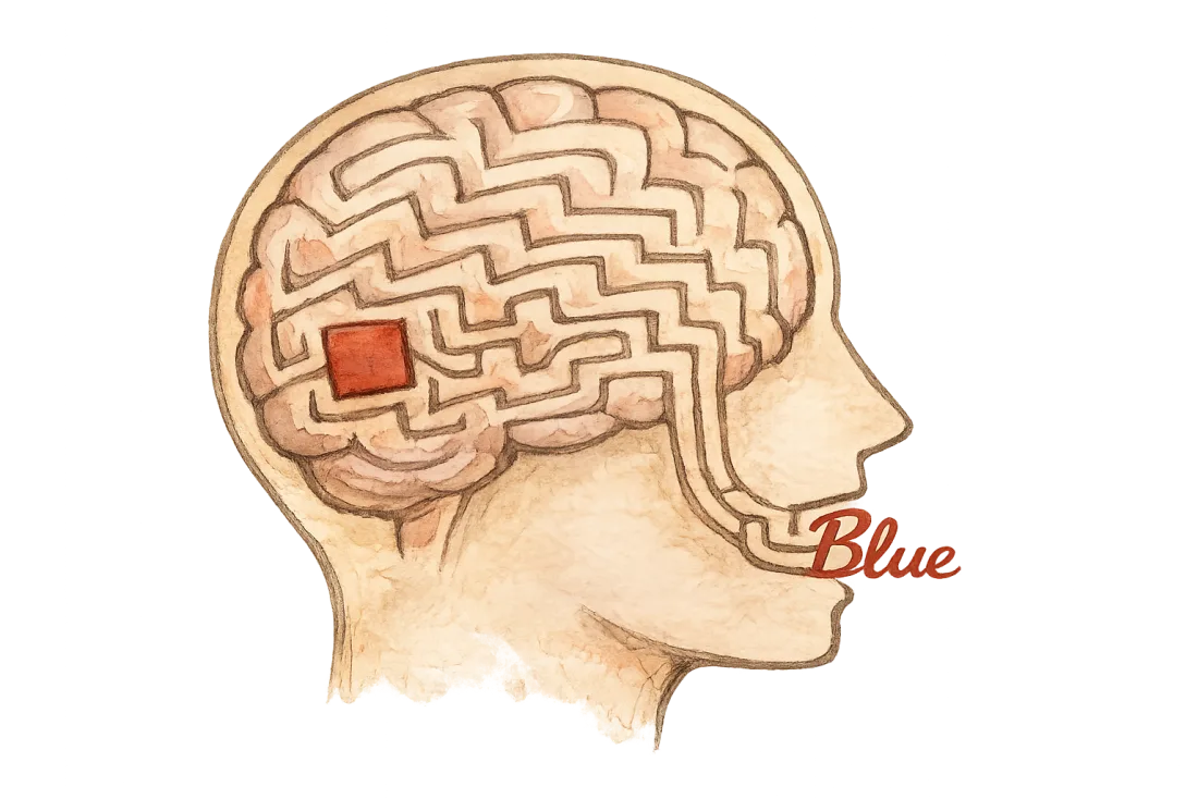 a conceptual head in profile, a maze brain inside, a word and a color racing the maze to the mouth
