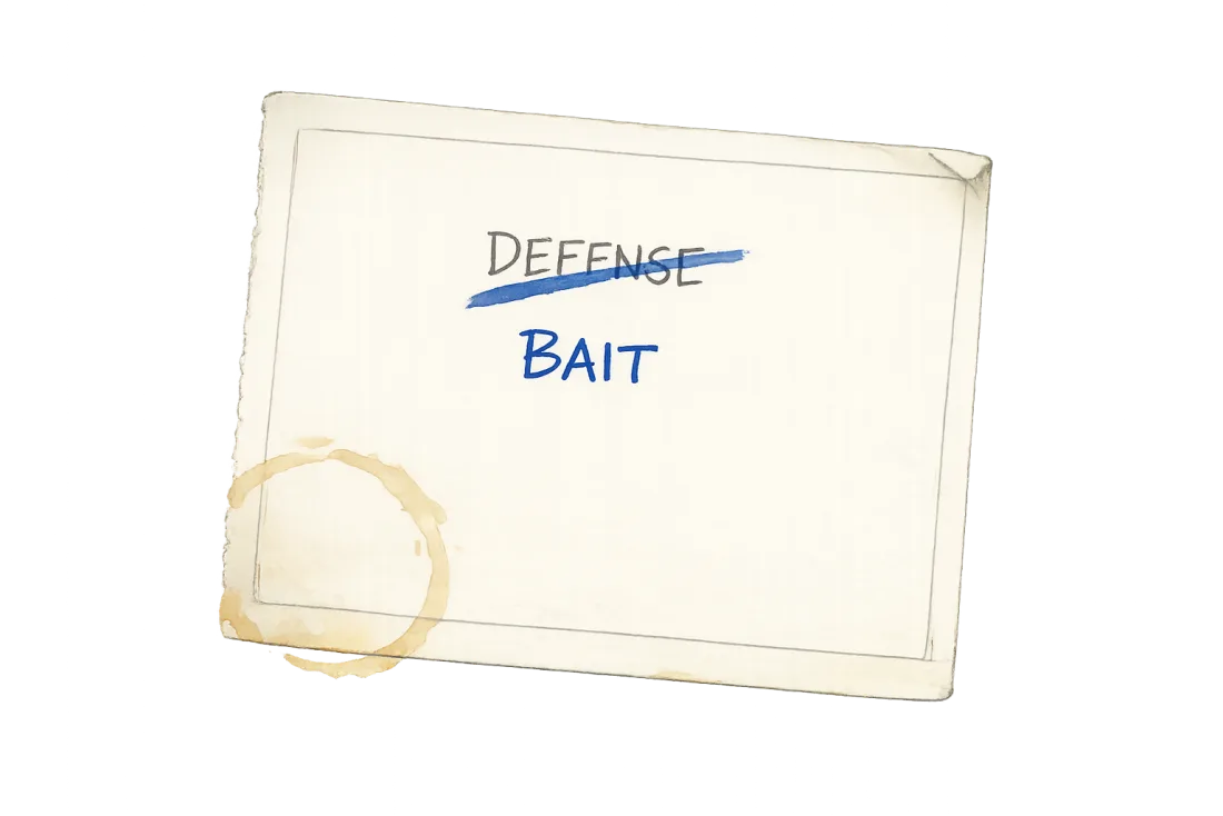 Finch's notebook: the word DEFENSE crossed out, BAIT written below in blue